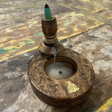 Load image into Gallery viewer, Brass buddha mango wood backflow incense burner
